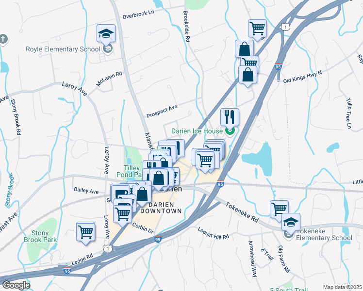 map of restaurants, bars, coffee shops, grocery stores, and more near 745 Post Road in Darien