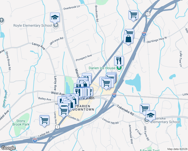 map of restaurants, bars, coffee shops, grocery stores, and more near 745 Post Road in Darien