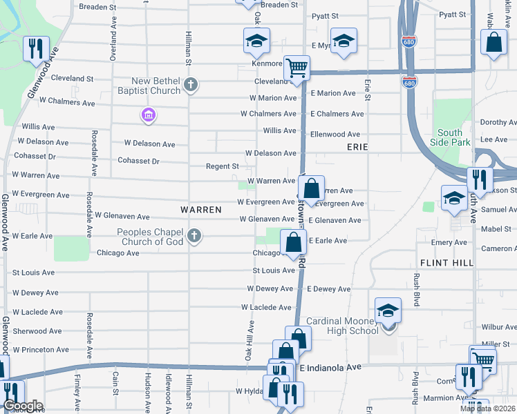 map of restaurants, bars, coffee shops, grocery stores, and more near 68 West Evergreen Avenue in Youngstown