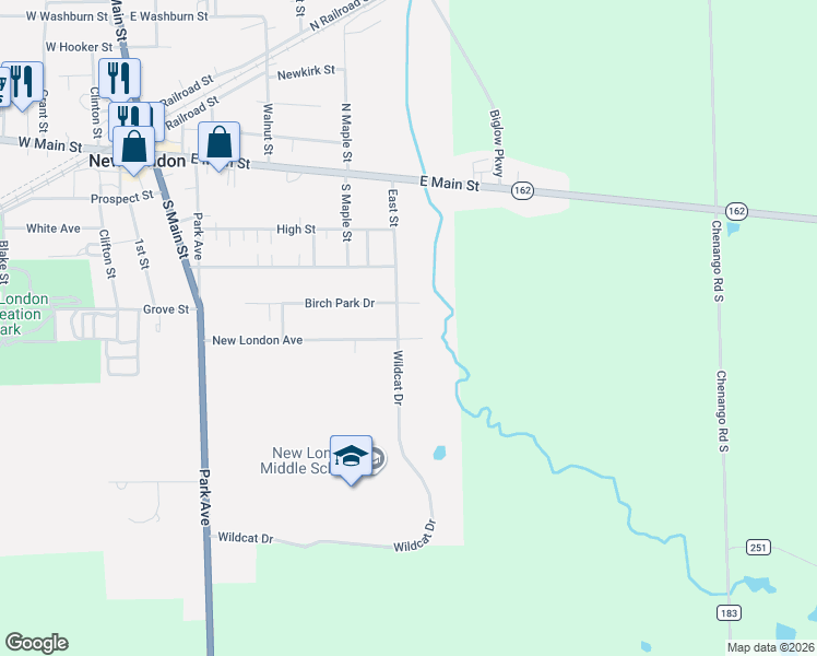 map of restaurants, bars, coffee shops, grocery stores, and more near 110 Birch Park Drive in New London