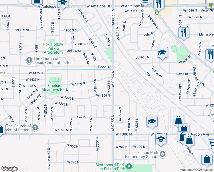 map of restaurants, bars, coffee shops, grocery stores, and more near 1381 North 2225 West in Layton