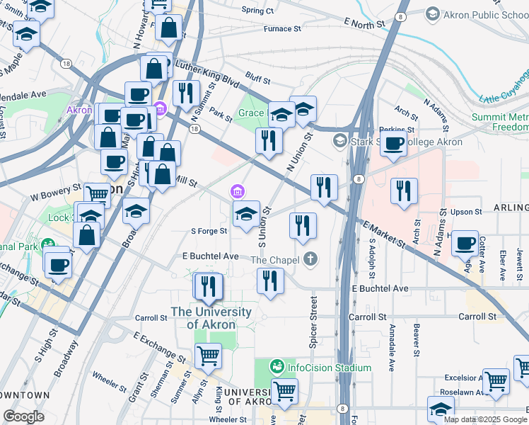 map of restaurants, bars, coffee shops, grocery stores, and more near 277 East Mill Street in Akron