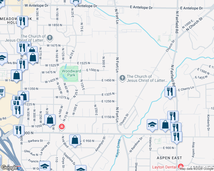 map of restaurants, bars, coffee shops, grocery stores, and more near 368 East 1450 North in Layton
