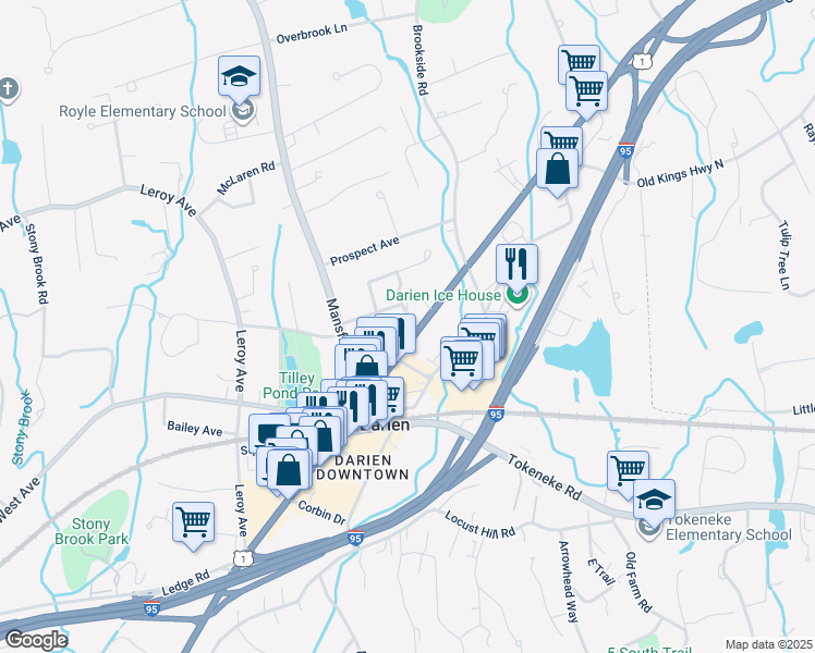 map of restaurants, bars, coffee shops, grocery stores, and more near 17 Highland Avenue in Darien