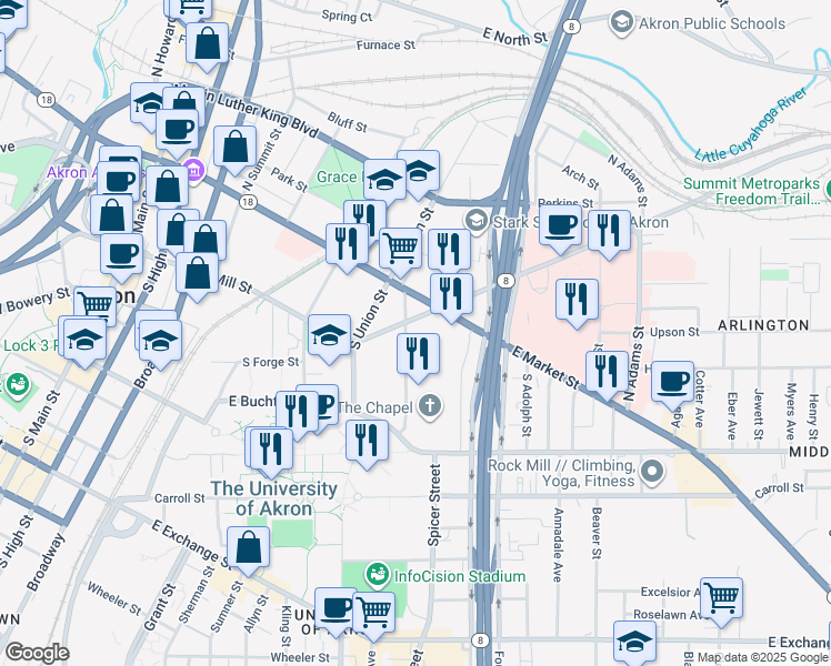 map of restaurants, bars, coffee shops, grocery stores, and more near 11 South Forge Street in Akron