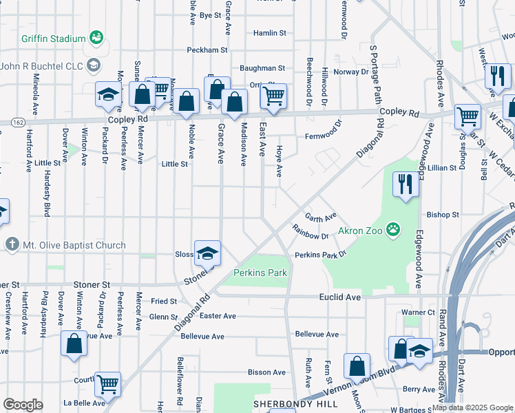 map of restaurants, bars, coffee shops, grocery stores, and more near 643 Madison Avenue in Akron
