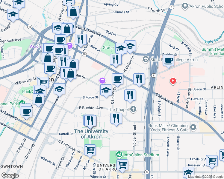 map of restaurants, bars, coffee shops, grocery stores, and more near 277 East Mill Street in Akron