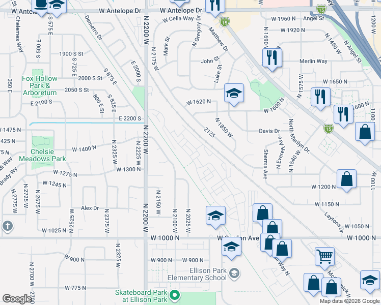map of restaurants, bars, coffee shops, grocery stores, and more near 1459 North 1875 West in Layton