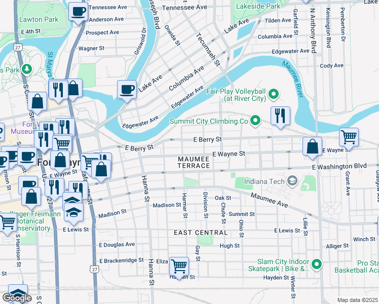 map of restaurants, bars, coffee shops, grocery stores, and more near 915 East Wayne Street in Fort Wayne