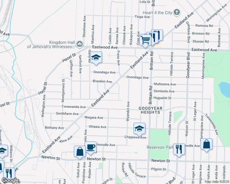 map of restaurants, bars, coffee shops, grocery stores, and more near 583 Plum Avenue in Akron