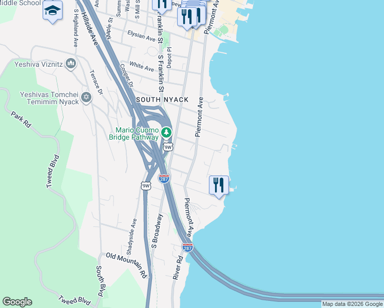 map of restaurants, bars, coffee shops, grocery stores, and more near 266 Piermont Avenue in Nyack
