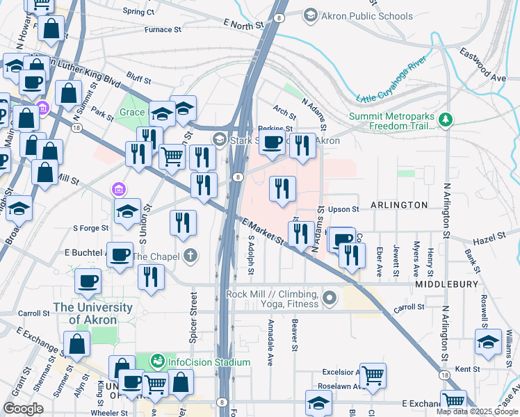 map of restaurants, bars, coffee shops, grocery stores, and more near in Akron