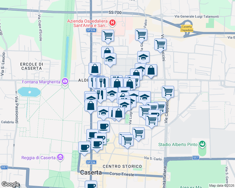 map of restaurants, bars, coffee shops, grocery stores, and more near 106 Via Giuseppe Maria Bosco in Caserta