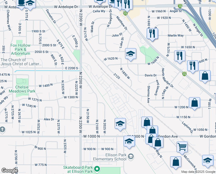 map of restaurants, bars, coffee shops, grocery stores, and more near 1452 North 1875 West in Layton