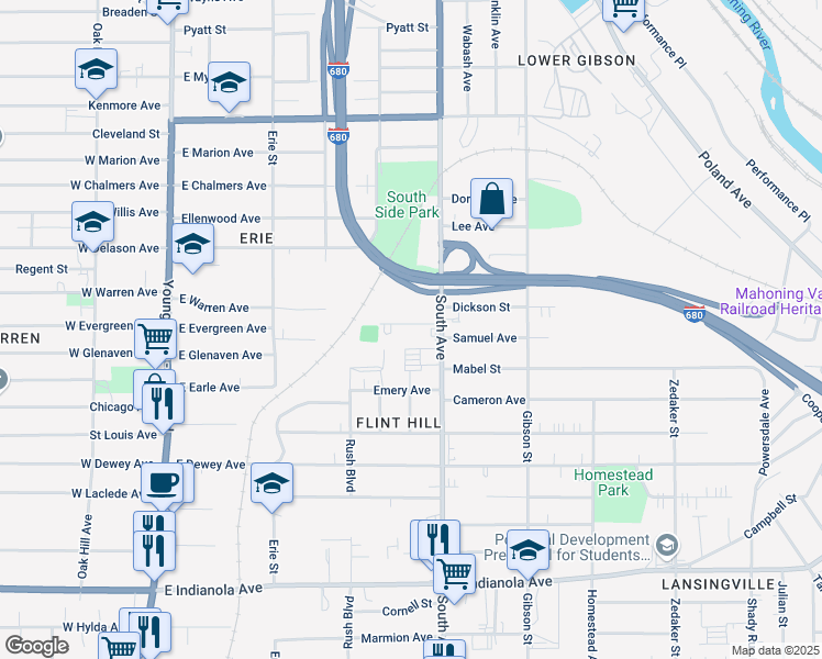 map of restaurants, bars, coffee shops, grocery stores, and more near 427 Knox Street in Youngstown
