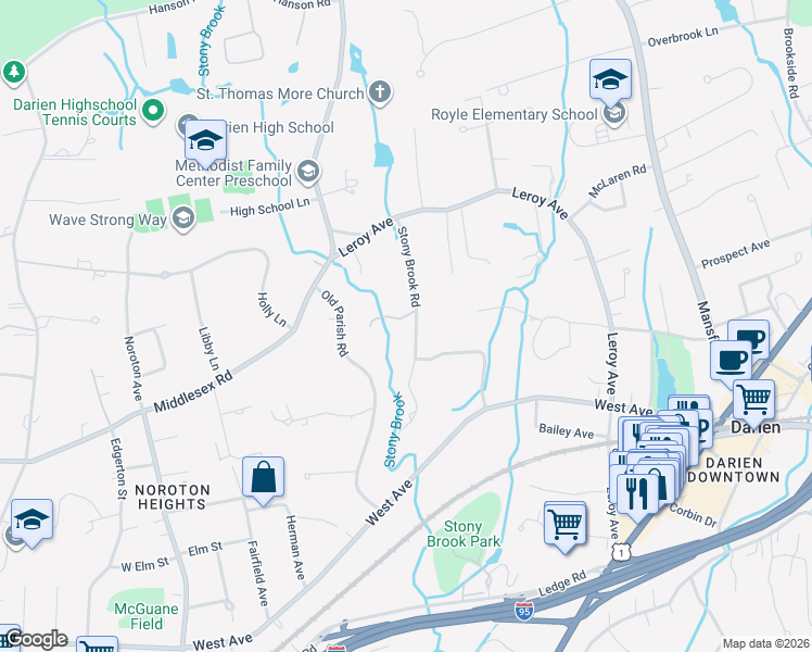 map of restaurants, bars, coffee shops, grocery stores, and more near 50 Stony Brook Road in Darien