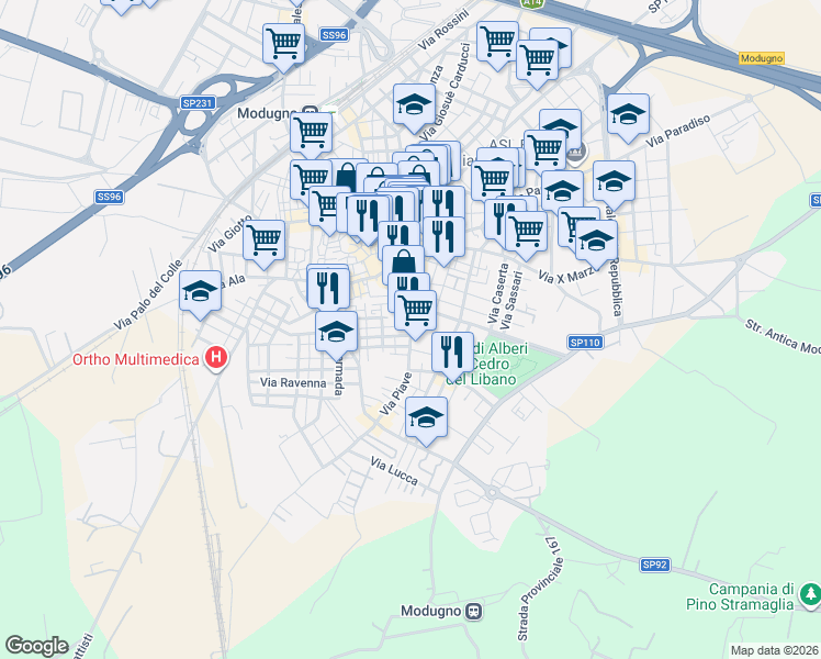 map of restaurants, bars, coffee shops, grocery stores, and more near 1A Via Giovanni Verga in Modugno
