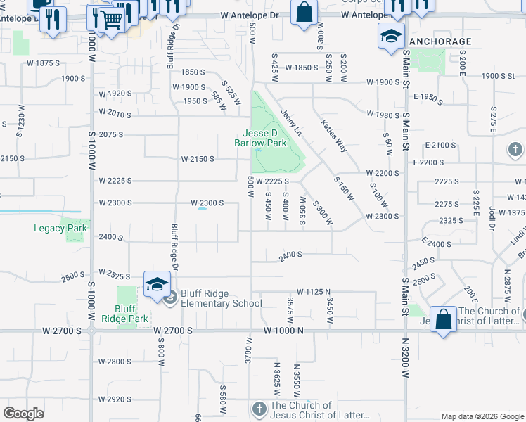 map of restaurants, bars, coffee shops, grocery stores, and more near 2253 South 450 West in Clearfield