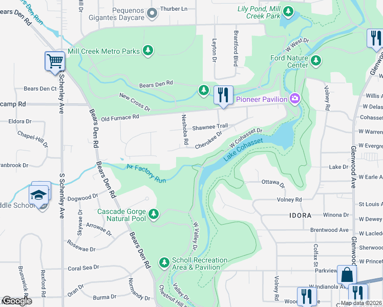 map of restaurants, bars, coffee shops, grocery stores, and more near 1205 Cherokee Drive in Youngstown