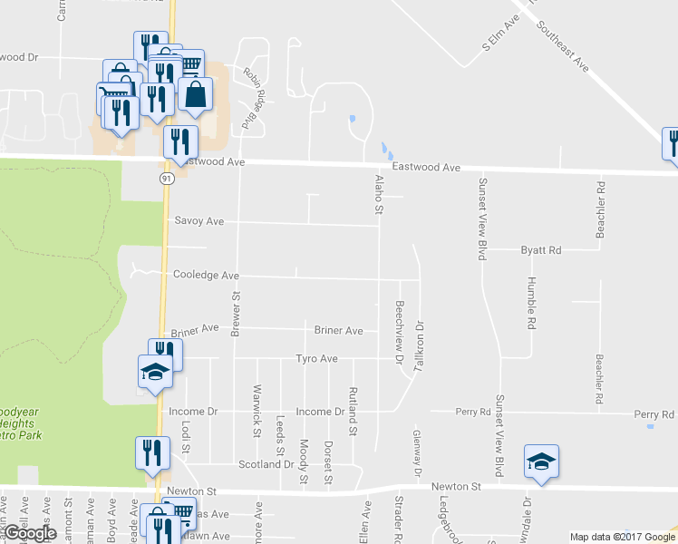 map of restaurants, bars, coffee shops, grocery stores, and more near 2353 Cooledge Avenue in Akron