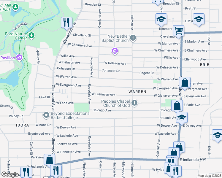 map of restaurants, bars, coffee shops, grocery stores, and more near 383 West Evergreen Avenue in Youngstown