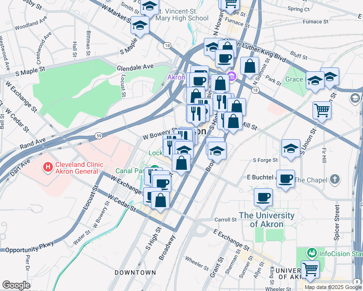map of restaurants, bars, coffee shops, grocery stores, and more near in Akron