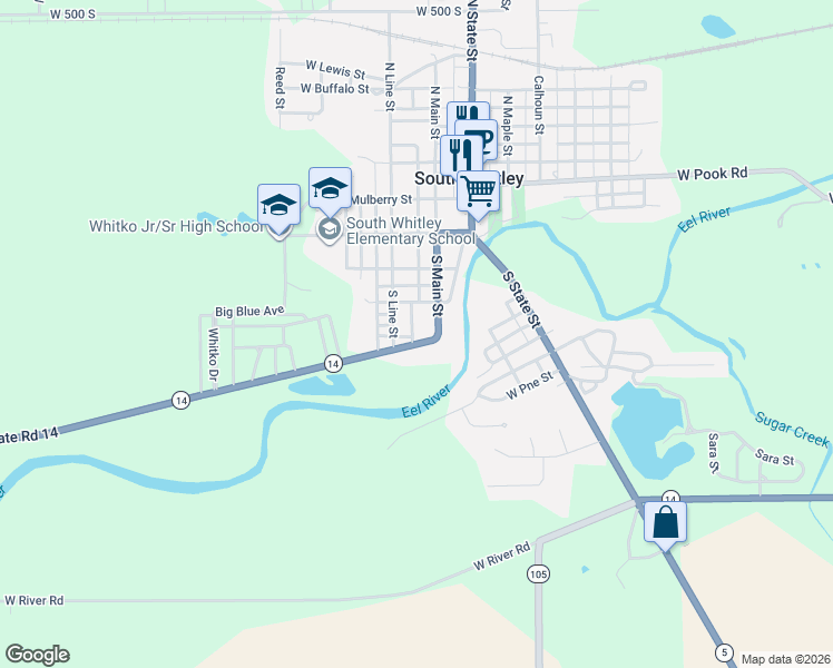 map of restaurants, bars, coffee shops, grocery stores, and more near 510 South Line Street in South Whitley