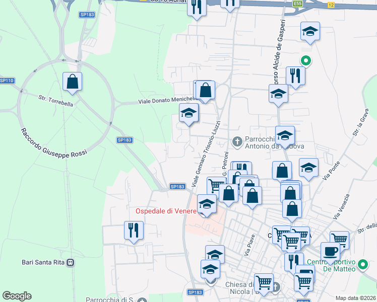 map of restaurants, bars, coffee shops, grocery stores, and more near 4 Via Rosario Livatino in Bari
