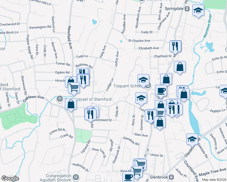 map of restaurants, bars, coffee shops, grocery stores, and more near 53 Ledge Lane in Stamford