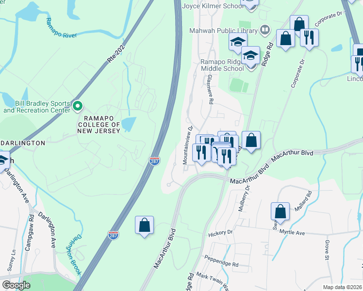 map of restaurants, bars, coffee shops, grocery stores, and more near 245 Mountainview Drive in Mahwah