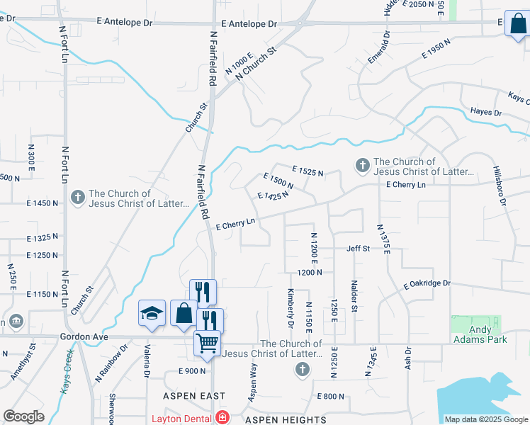 map of restaurants, bars, coffee shops, grocery stores, and more near 1035 East Cherry Lane in Layton