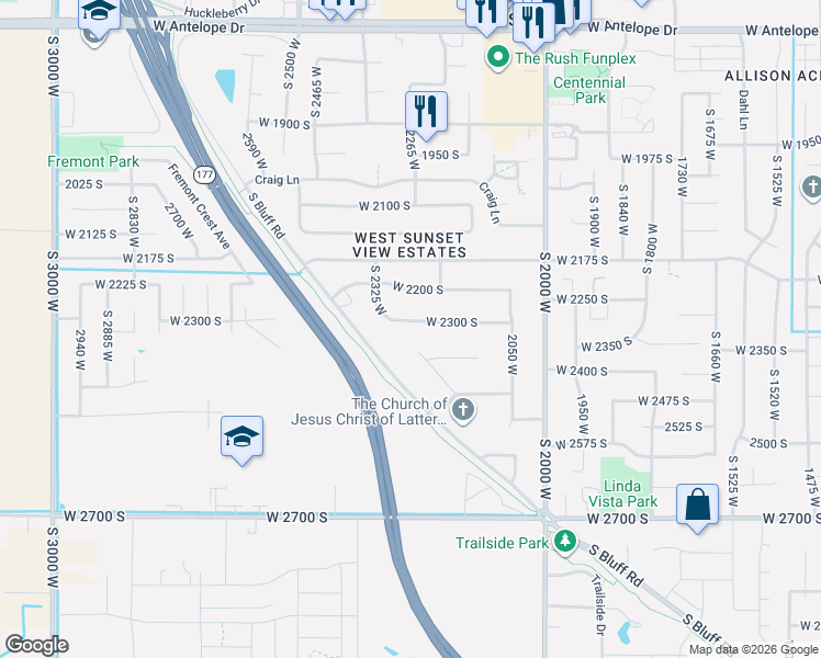 map of restaurants, bars, coffee shops, grocery stores, and more near 2248 West 2300 South in Syracuse