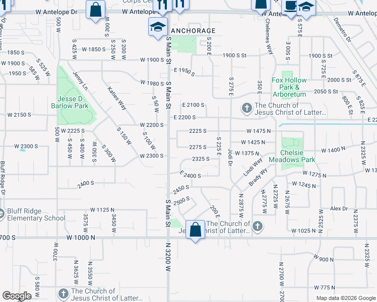 map of restaurants, bars, coffee shops, grocery stores, and more near 86 2275 South in Clearfield