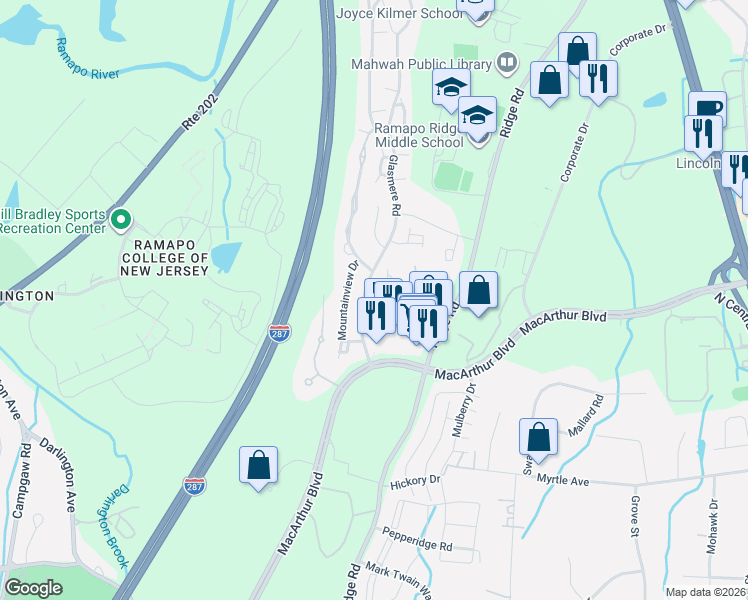 map of restaurants, bars, coffee shops, grocery stores, and more near 56 Sunset Court in Mahwah