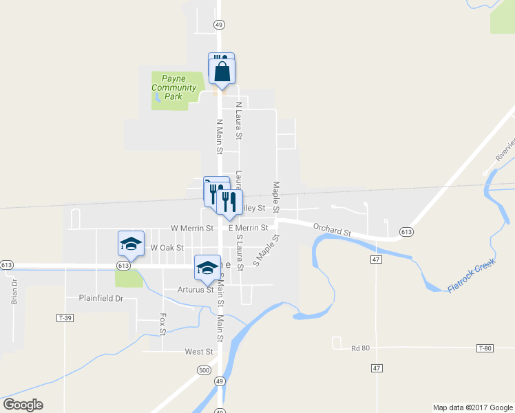 map of restaurants, bars, coffee shops, grocery stores, and more near 219 East Bailey Street in Payne
