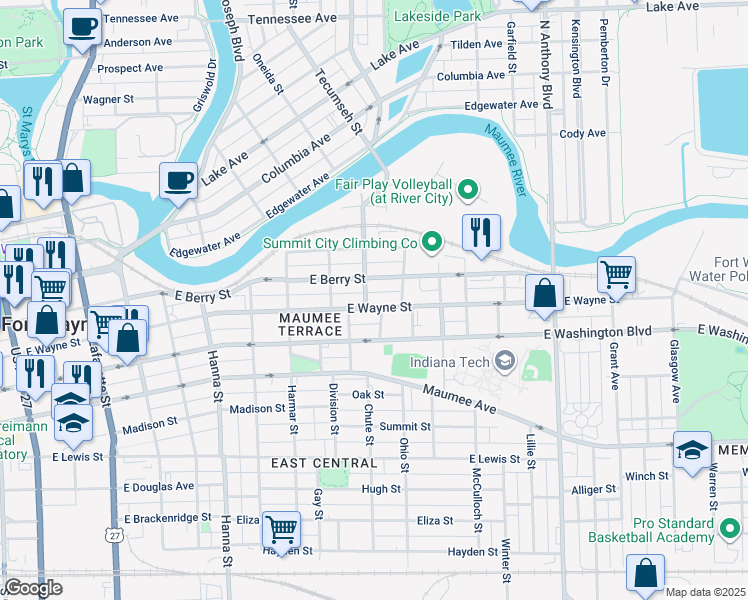 map of restaurants, bars, coffee shops, grocery stores, and more near 1208 East Berry Street in Fort Wayne
