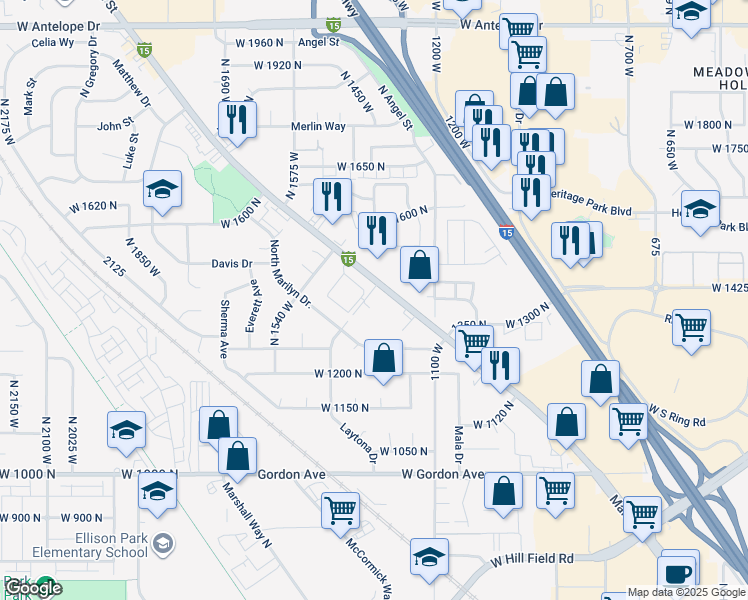 map of restaurants, bars, coffee shops, grocery stores, and more near 1398 Main Street in Layton