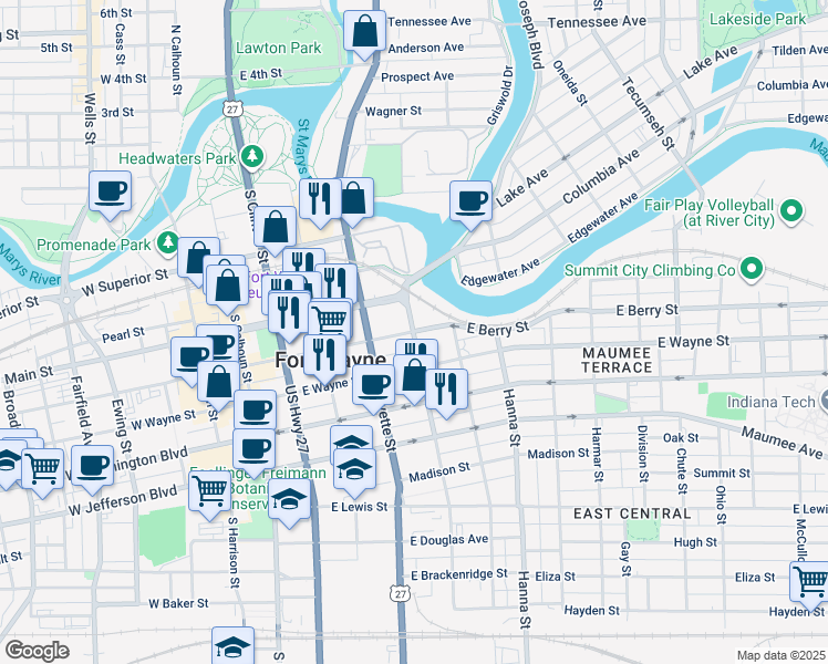 map of restaurants, bars, coffee shops, grocery stores, and more near 501 East Berry Street in Fort Wayne