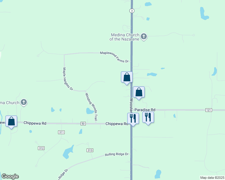 map of restaurants, bars, coffee shops, grocery stores, and more near 4960 Maple Heights Drive in Medina