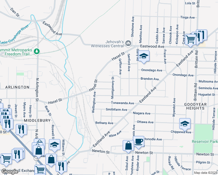map of restaurants, bars, coffee shops, grocery stores, and more near 1141 Kinzie Avenue in Akron