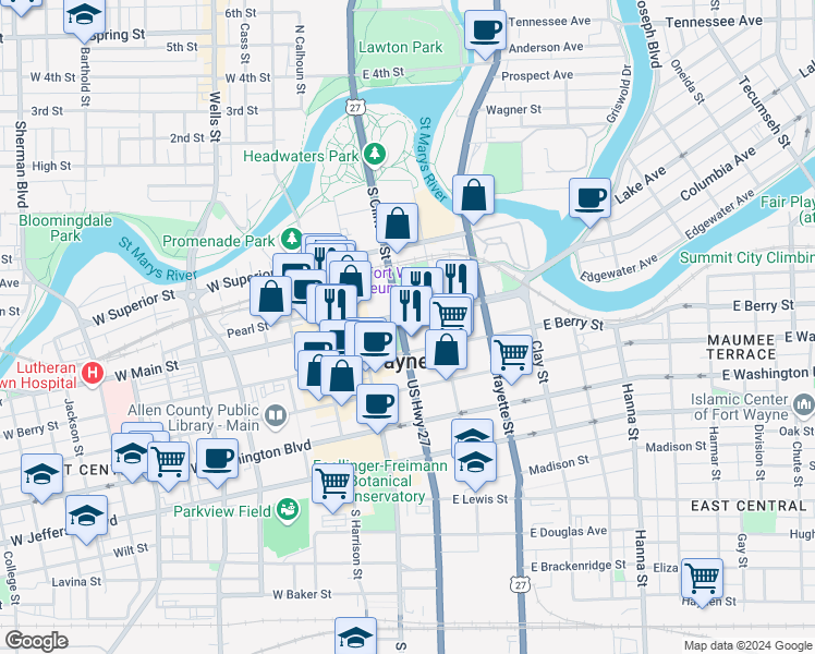 map of restaurants, bars, coffee shops, grocery stores, and more near 701 South Clinton Street in Fort Wayne