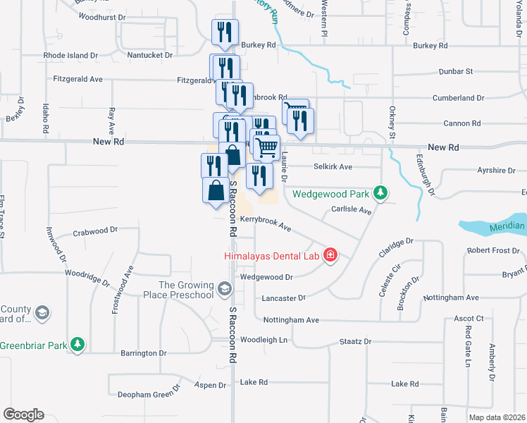 map of restaurants, bars, coffee shops, grocery stores, and more near 4326 Kerrybrook Drive in Youngstown