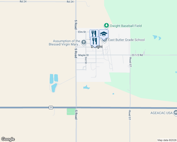 map of restaurants, bars, coffee shops, grocery stores, and more near 256 3rd Street in Dwight