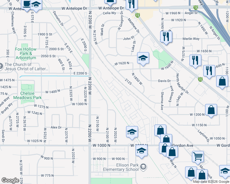 map of restaurants, bars, coffee shops, grocery stores, and more near 1475 North 1875 West in Layton