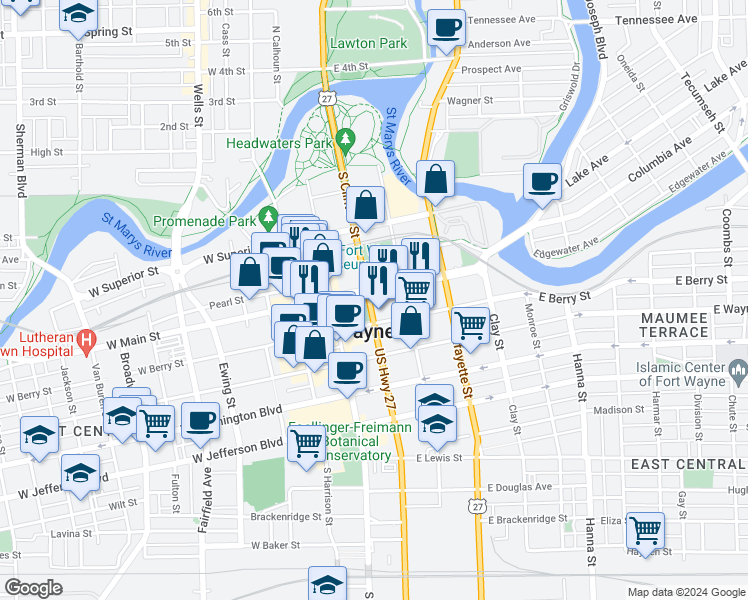 map of restaurants, bars, coffee shops, grocery stores, and more near 701 South Clinton Street in Fort Wayne