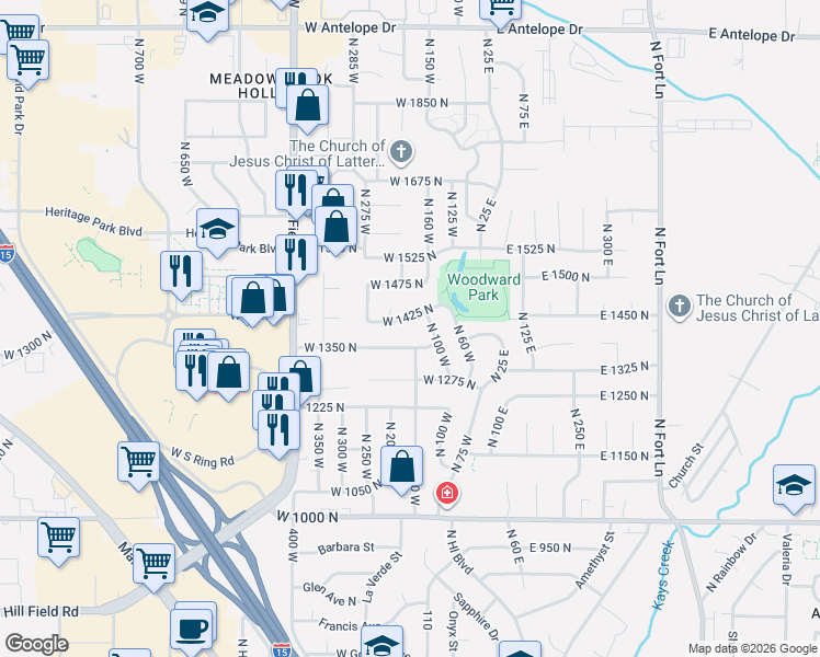 map of restaurants, bars, coffee shops, grocery stores, and more near 153 West 1425 North in Layton