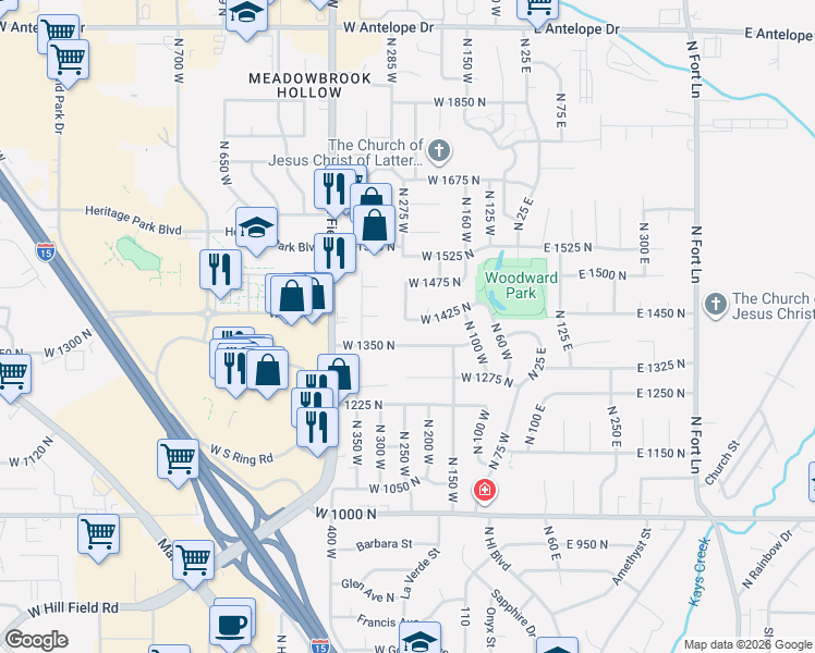 map of restaurants, bars, coffee shops, grocery stores, and more near 1432 North 250 West in Layton