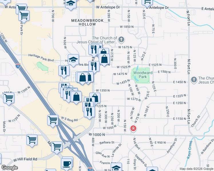 map of restaurants, bars, coffee shops, grocery stores, and more near 341 West 1450 North in Layton