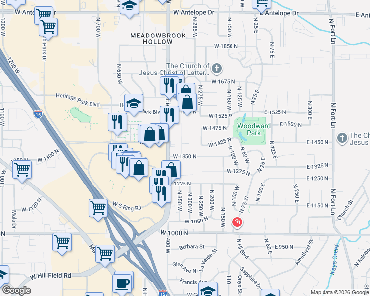 map of restaurants, bars, coffee shops, grocery stores, and more near 341 West 1450 North in Layton