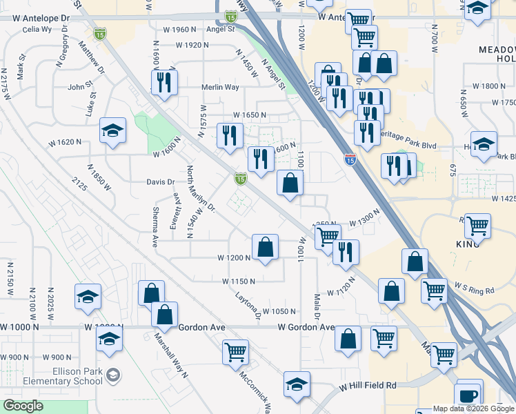 map of restaurants, bars, coffee shops, grocery stores, and more near 1398 Main Street in Layton
